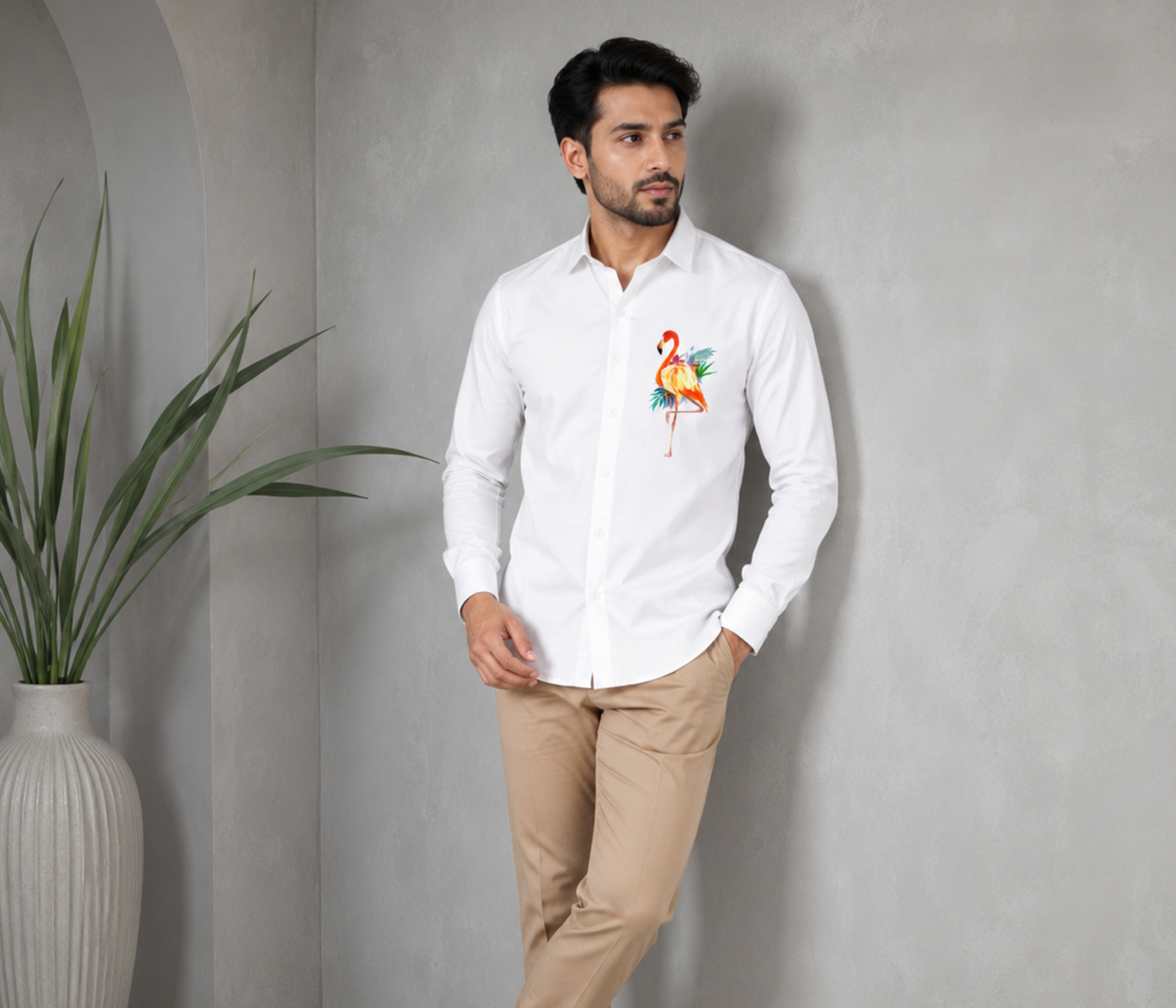 Pure White Hand-Painted Flamingo Shirt for Mens Collection